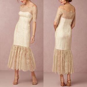 Marchesa Notte Ivory & Gold Lace Drop Waist Illusion Midi Wedding Gown Dress